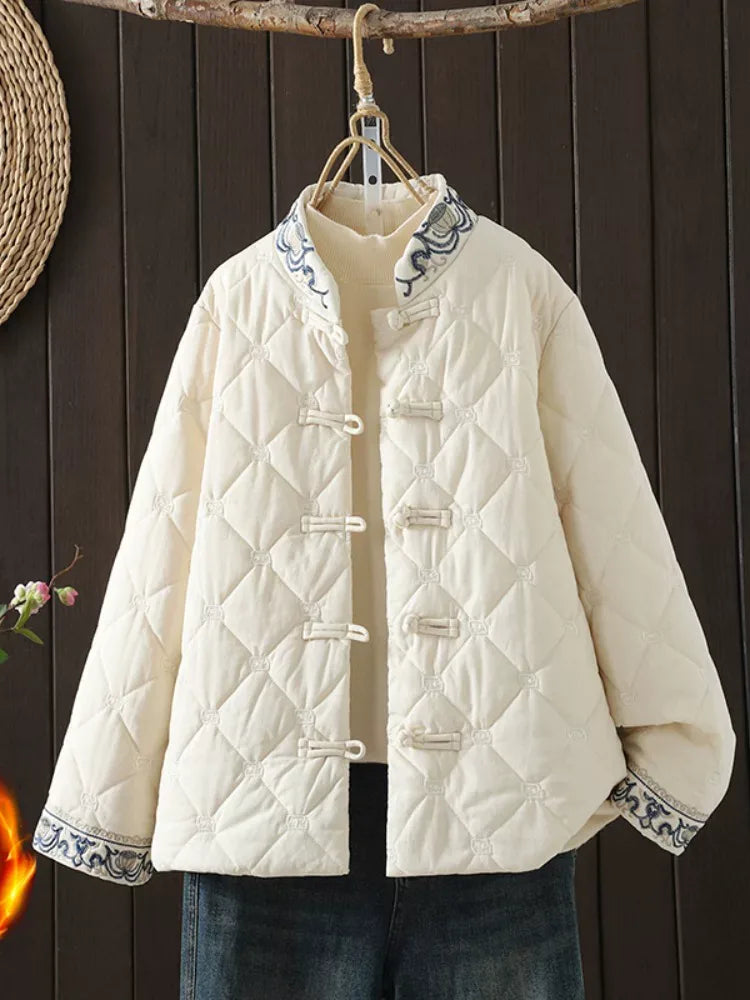 Diamond Quilted Padded Jacket with Frog Buttons and Mandarin Collar