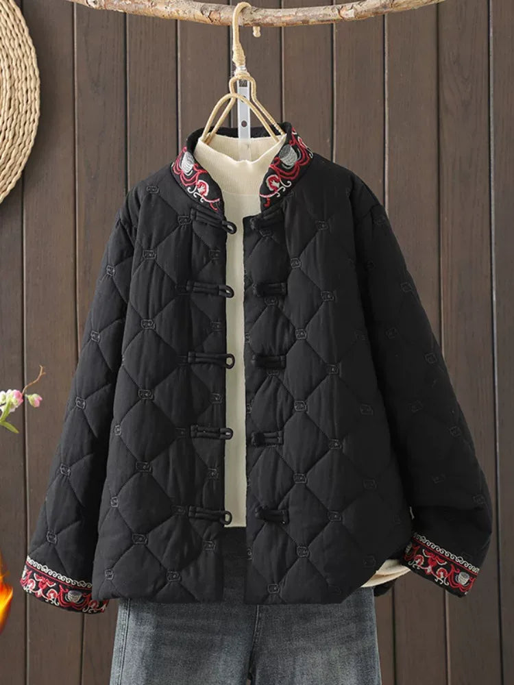 Diamond Quilted Padded Jacket with Frog Buttons and Mandarin Collar