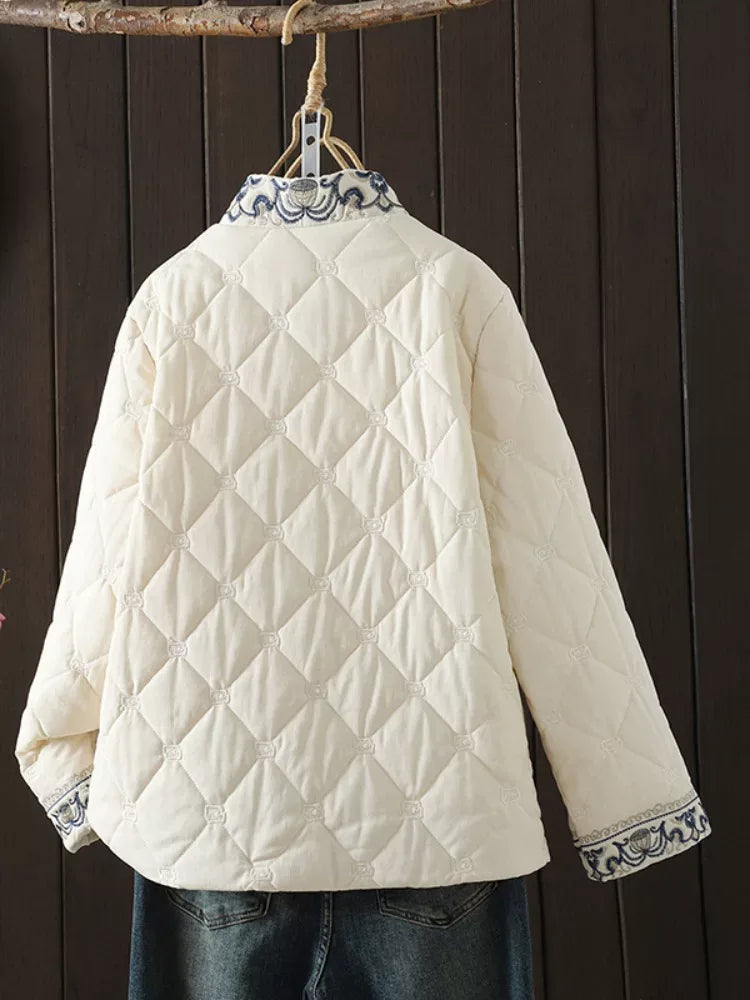 Diamond Quilted Padded Jacket with Frog Buttons and Mandarin Collar