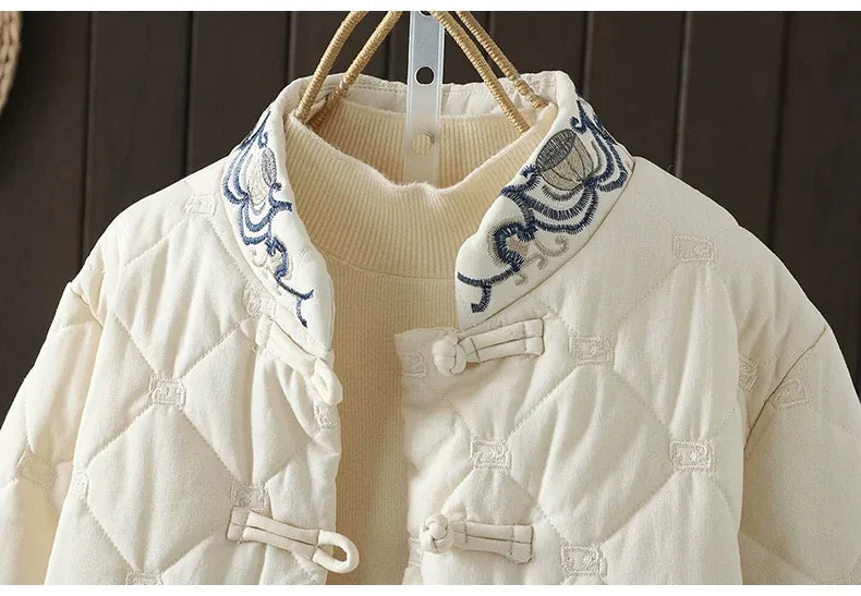 Diamond Quilted Padded Jacket with Frog Buttons and Mandarin Collar