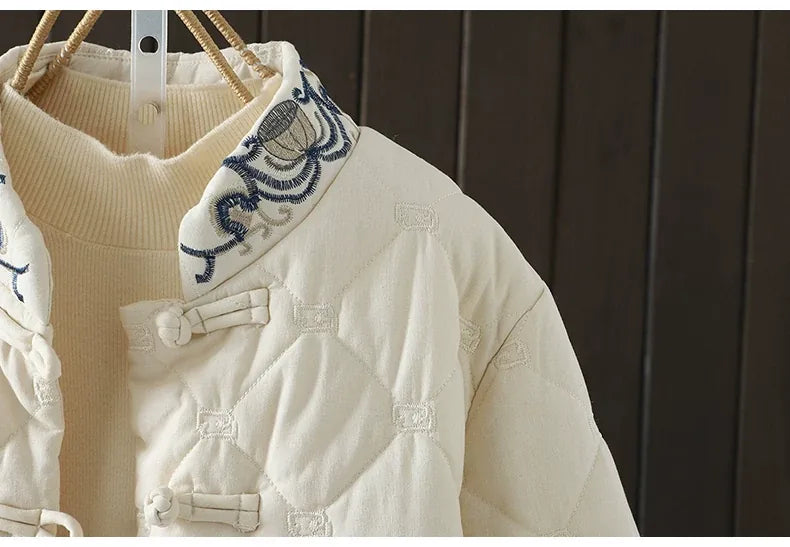 Diamond Quilted Padded Jacket with Frog Buttons and Mandarin Collar