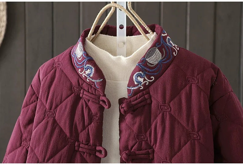 Diamond Quilted Padded Jacket with Frog Buttons and Mandarin Collar
