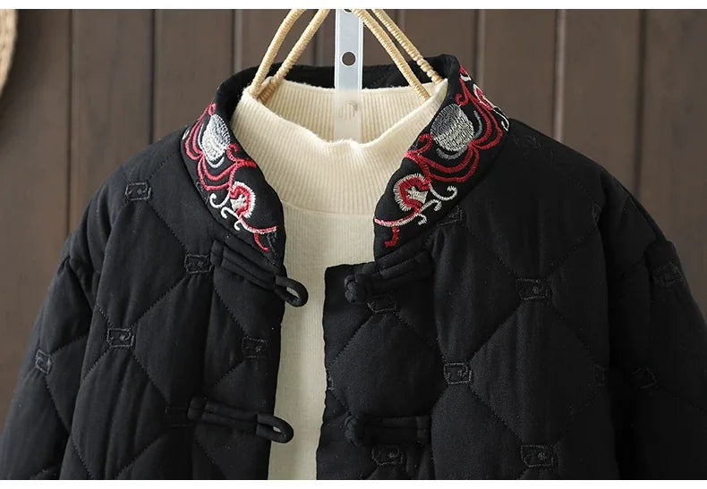 Diamond Quilted Padded Jacket with Frog Buttons and Mandarin Collar