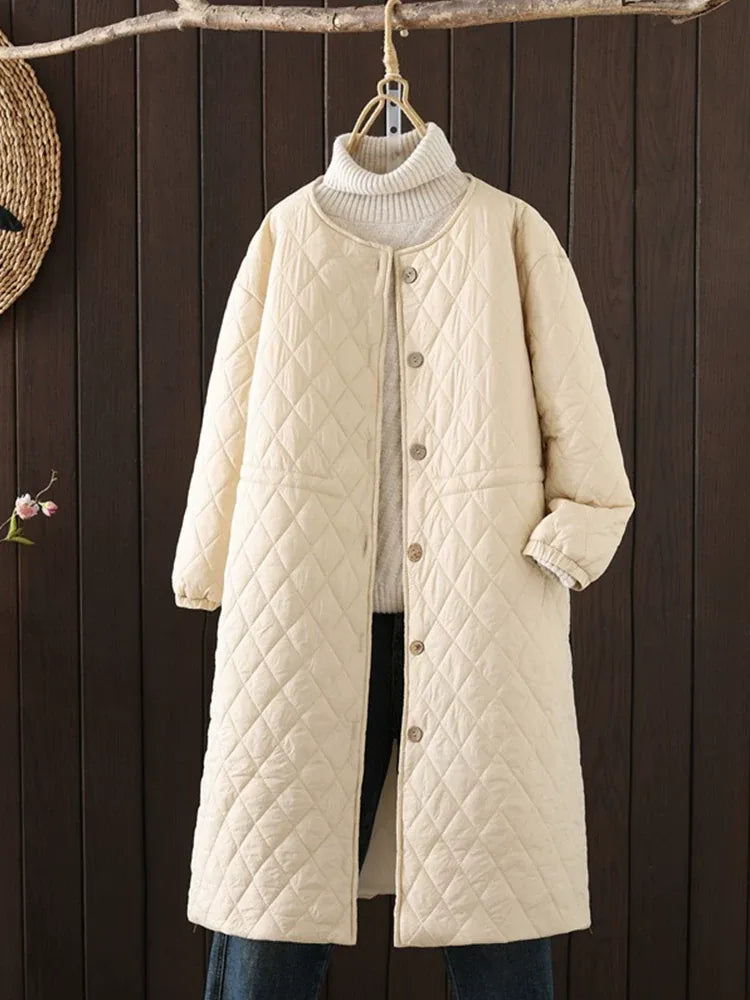 Diamond Quilted Round Neck Button Front Padded Coat