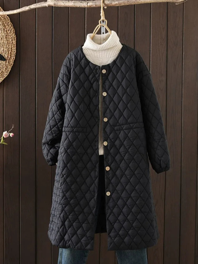 Diamond Quilted Round Neck Button Front Padded Coat