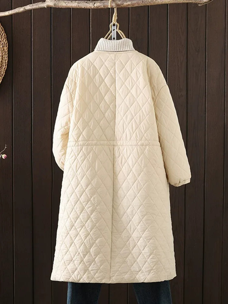 Diamond Quilted Round Neck Button Front Padded Coat