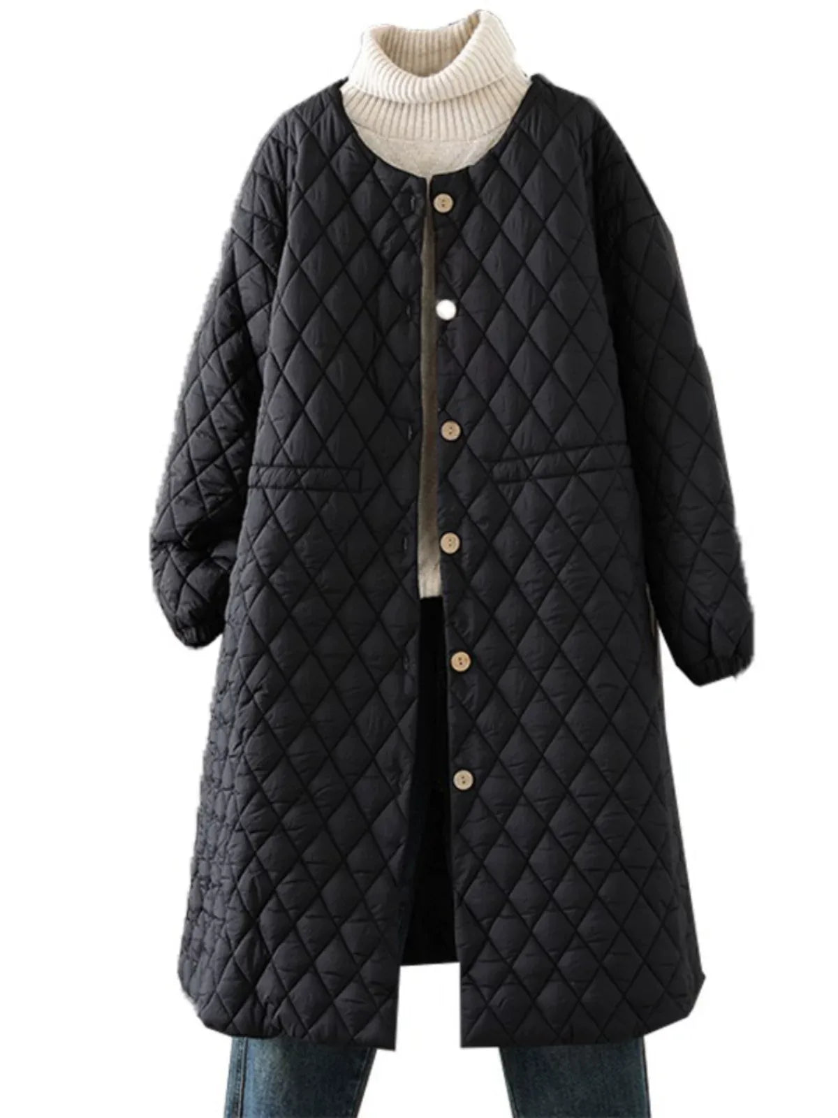 Diamond Quilted Round Neck Button Front Padded Coat