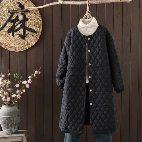 Diamond Quilted Round Neck Button Front Padded Coat