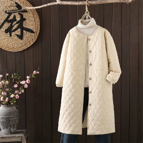 Diamond Quilted Round Neck Button Front Padded Coat