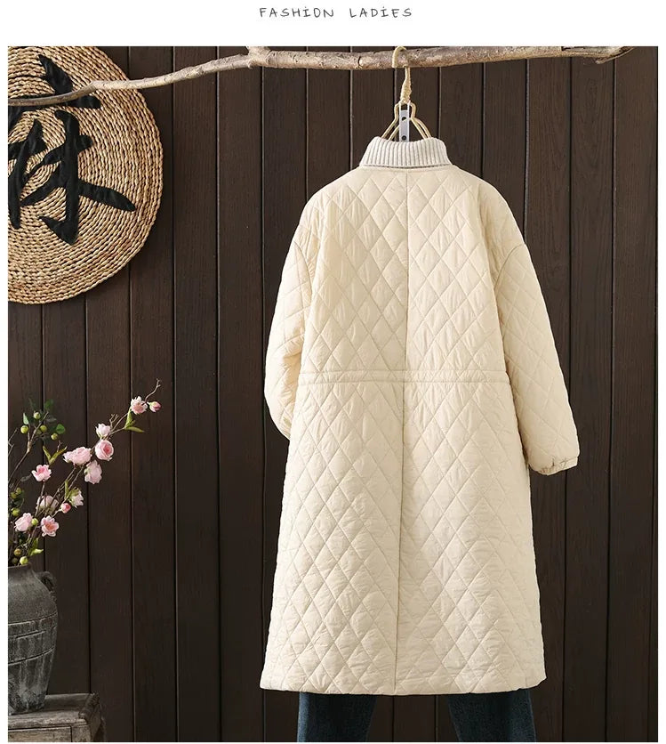 Diamond Quilted Round Neck Button Front Padded Coat