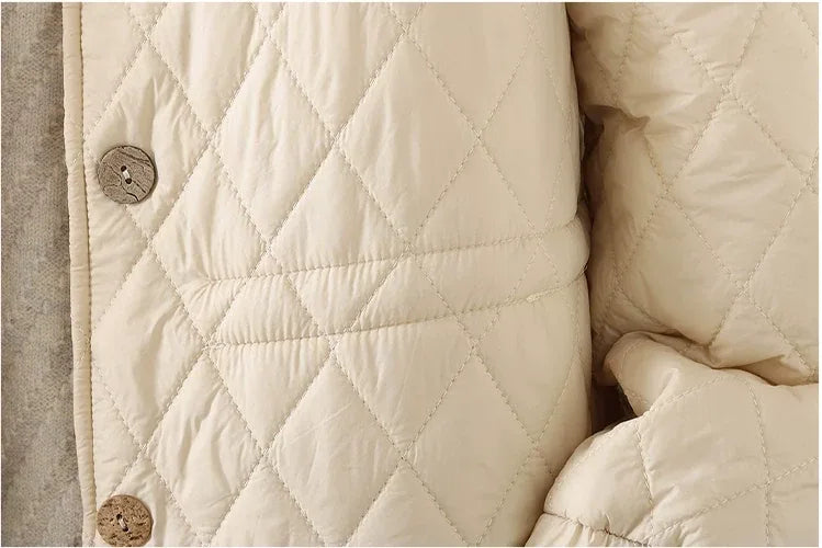 Diamond Quilted Round Neck Button Front Padded Coat