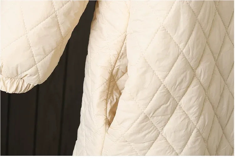 Diamond Quilted Round Neck Button Front Padded Coat