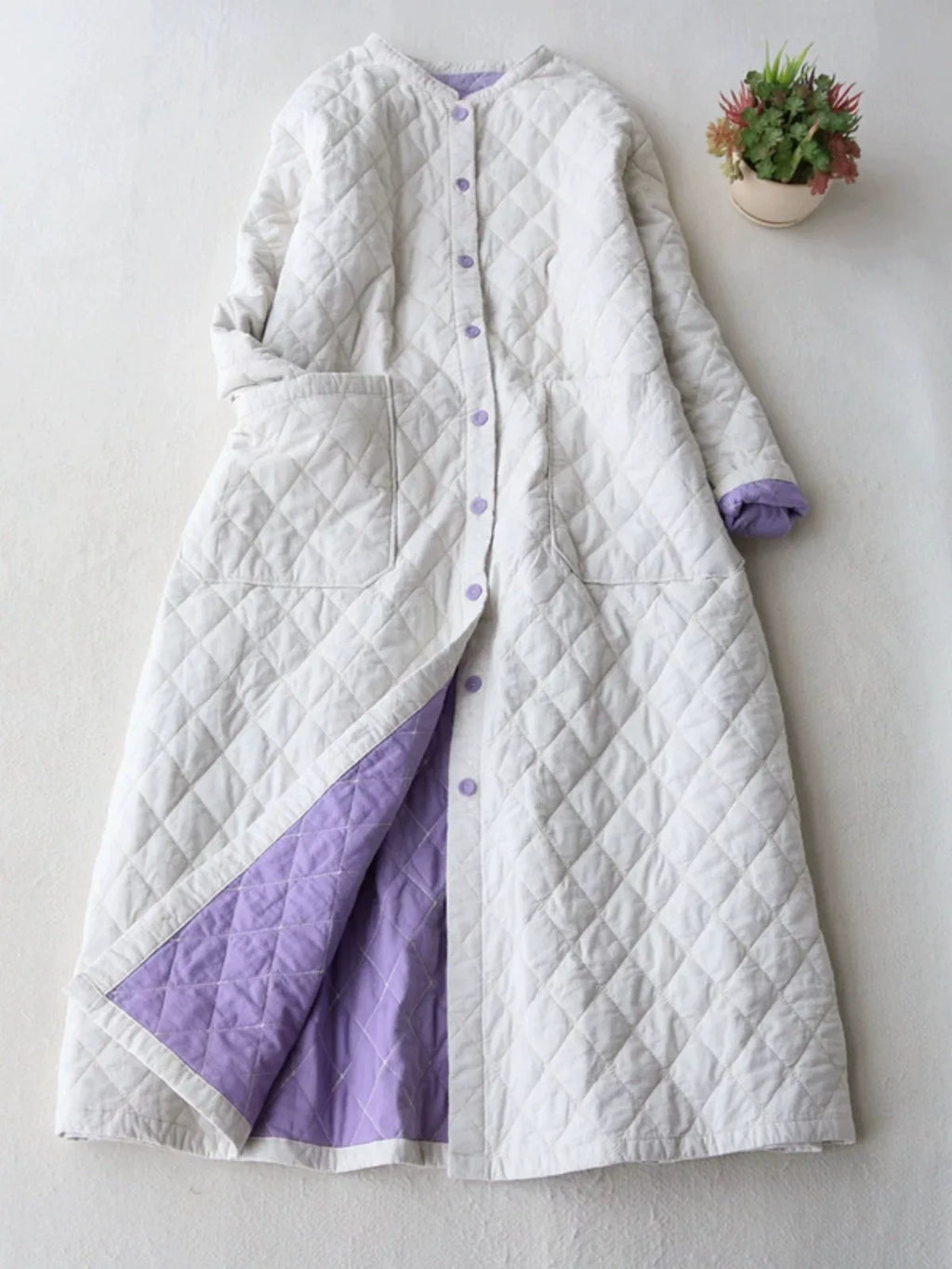 Diamond Quilted Stand Collar Button Front Padded Coat