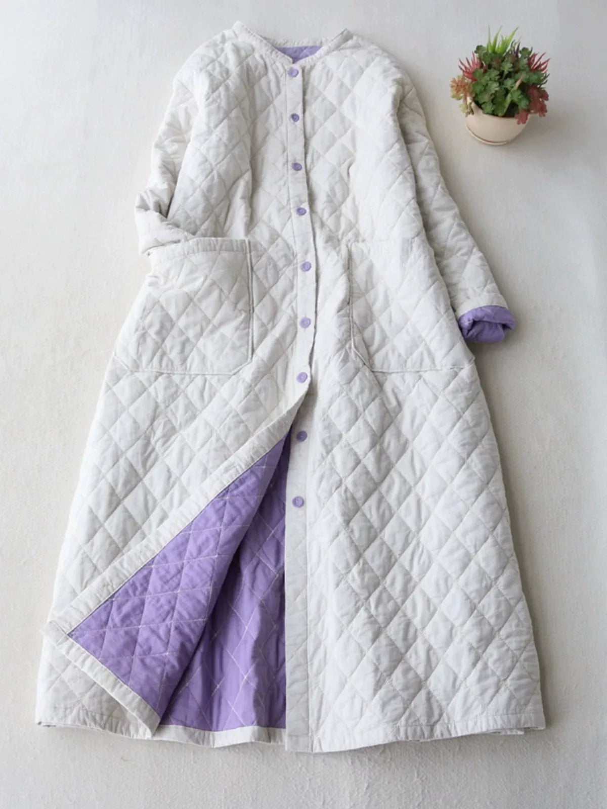 Diamond Quilted Stand Collar Button Front Padded Coat