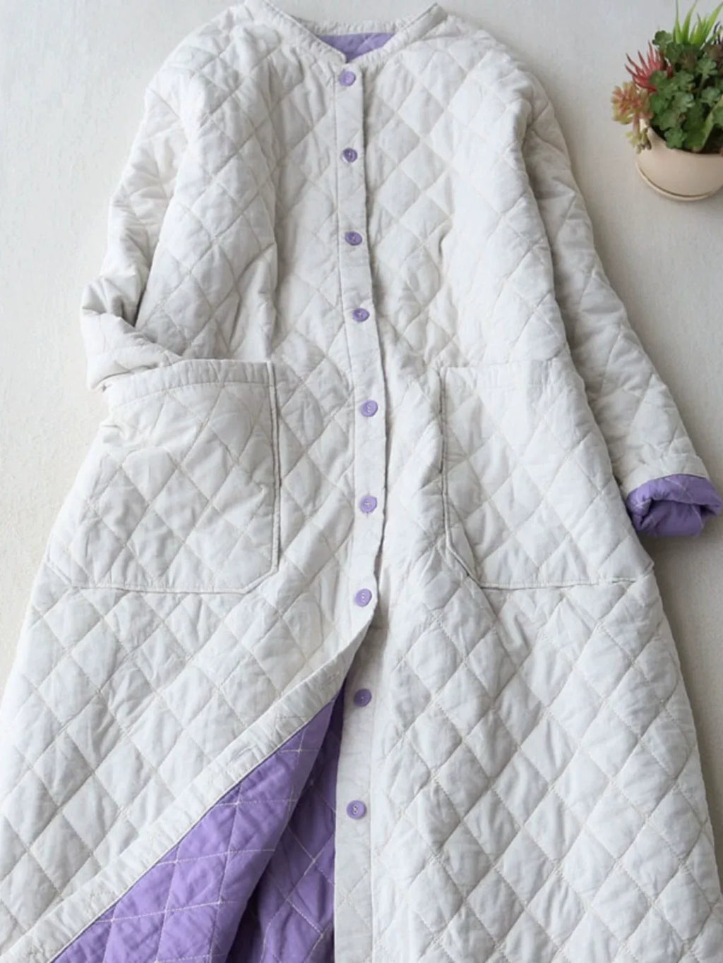 Diamond Quilted Stand Collar Button Front Padded Coat