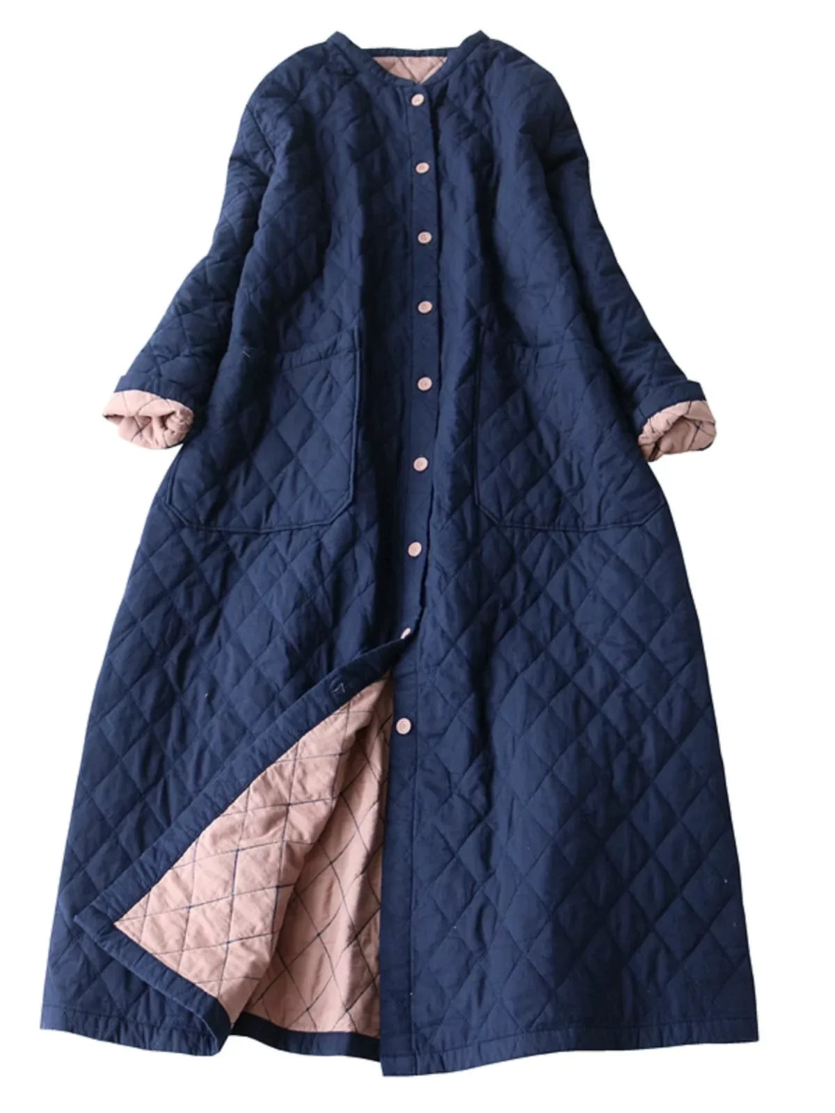 Diamond Quilted Stand Collar Button Front Padded Coat