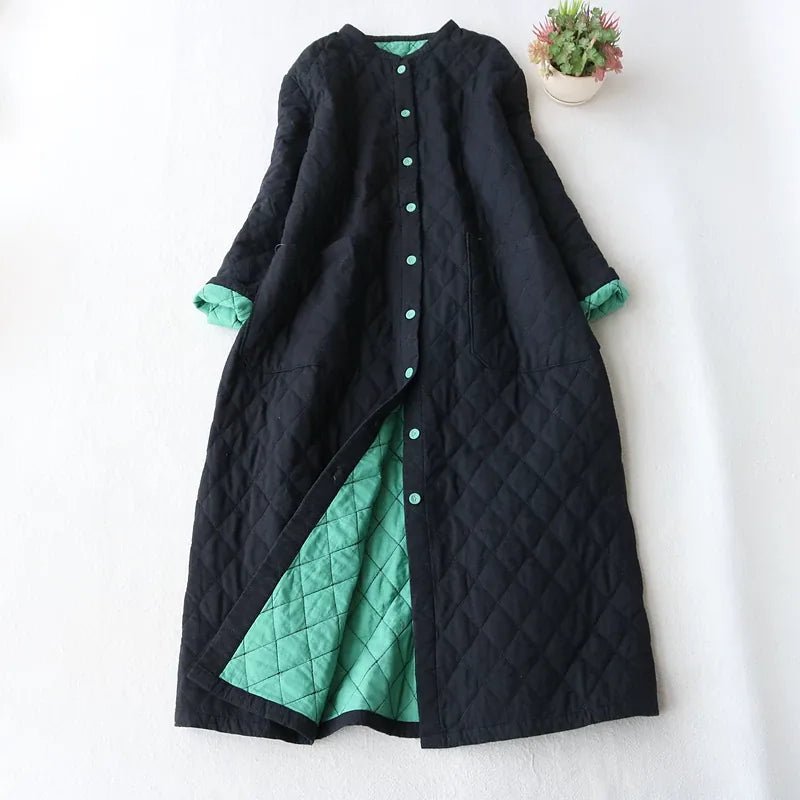 Diamond Quilted Stand Collar Button Front Padded Coat