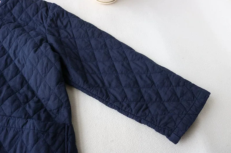 Diamond Quilted Stand Collar Button Front Padded Coat