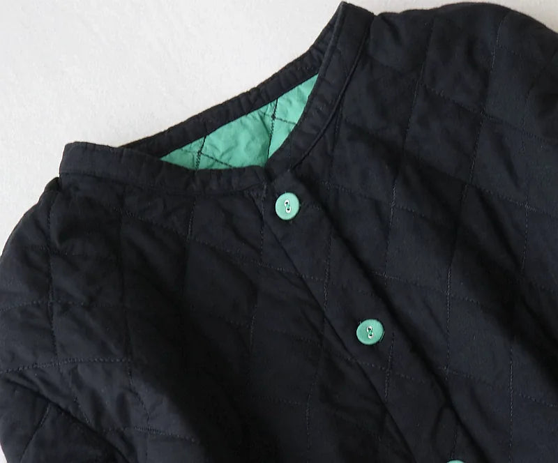 Diamond Quilted Stand Collar Button Front Padded Coat