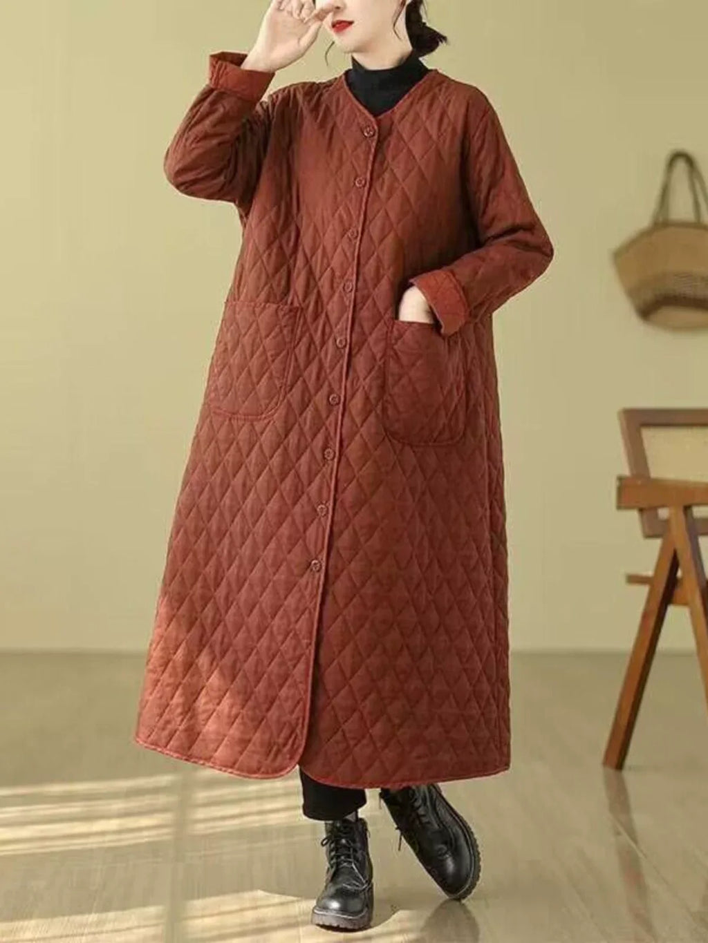 Diamond Quilted V-Neck Long Padded Coat