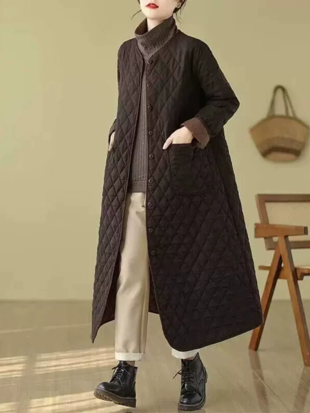 Diamond Quilted V-Neck Long Padded Coat
