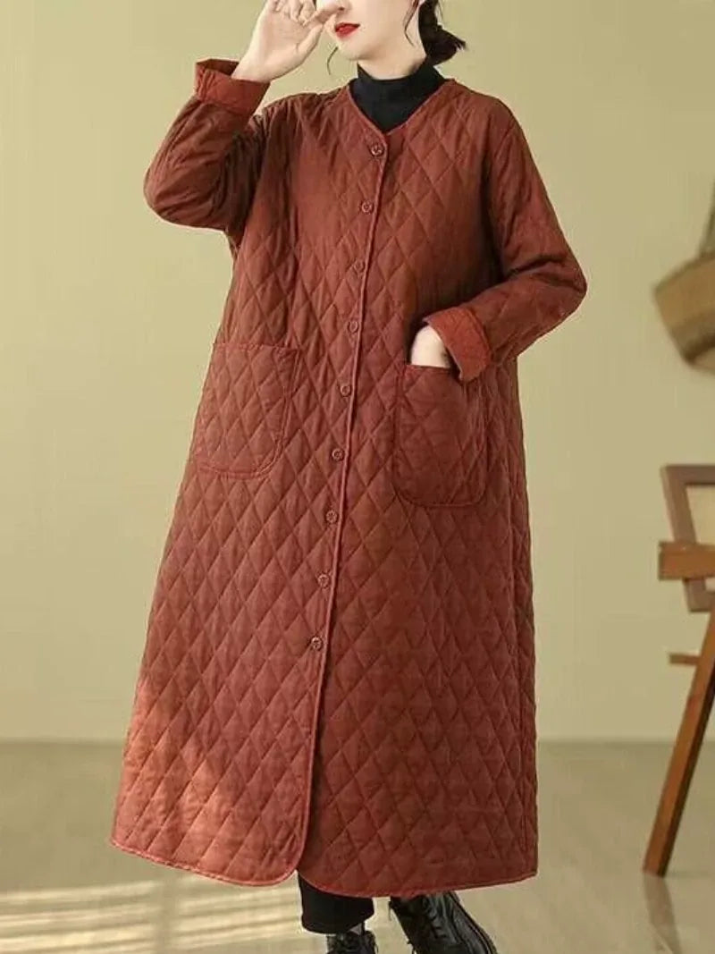 Diamond Quilted V-Neck Long Padded Coat