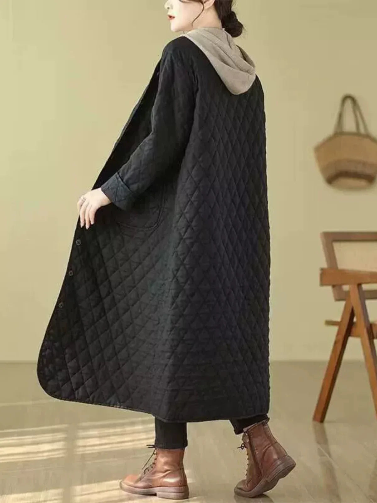 Diamond Quilted V-Neck Long Padded Coat