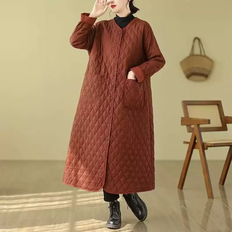 Diamond Quilted V-Neck Long Padded Coat