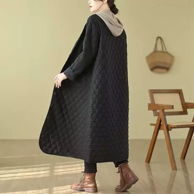 Diamond Quilted V-Neck Long Padded Coat