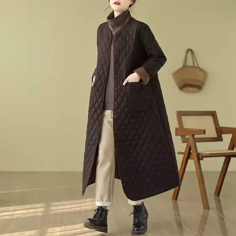 Diamond Quilted V-Neck Long Padded Coat