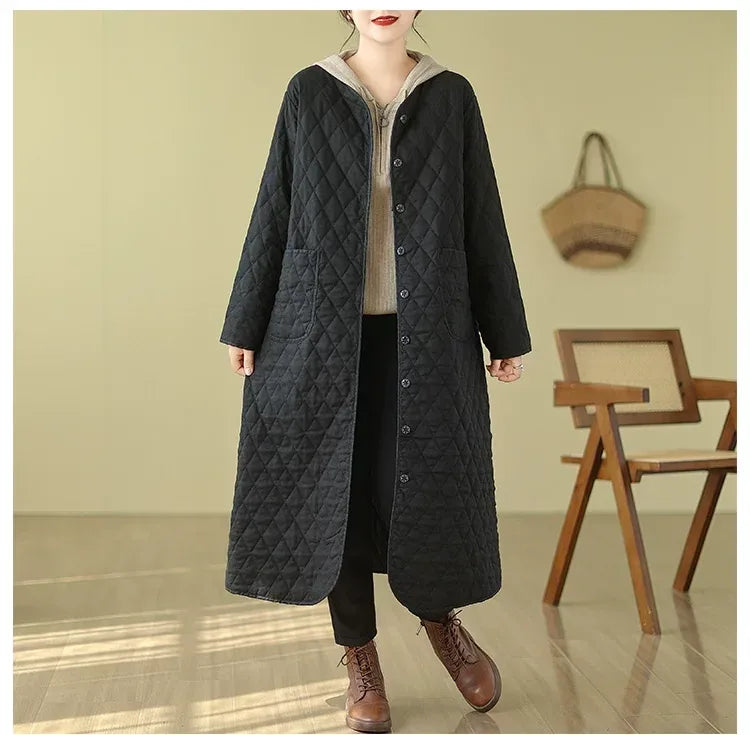 Diamond Quilted V-Neck Long Padded Coat