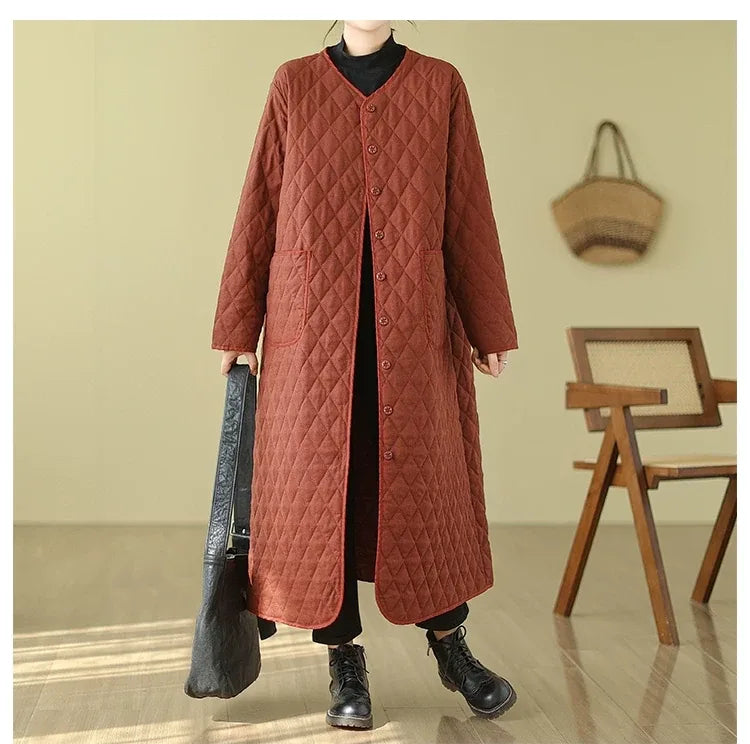 Diamond Quilted V-Neck Long Padded Coat
