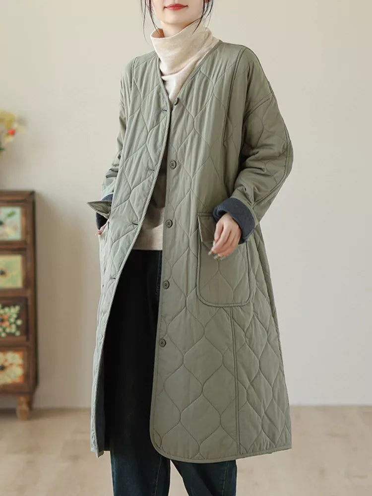 Diamond Quilted V-Neck Padded Coat with Patch Pockets