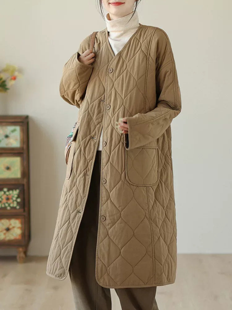 Diamond Quilted V-Neck Padded Coat with Patch Pockets