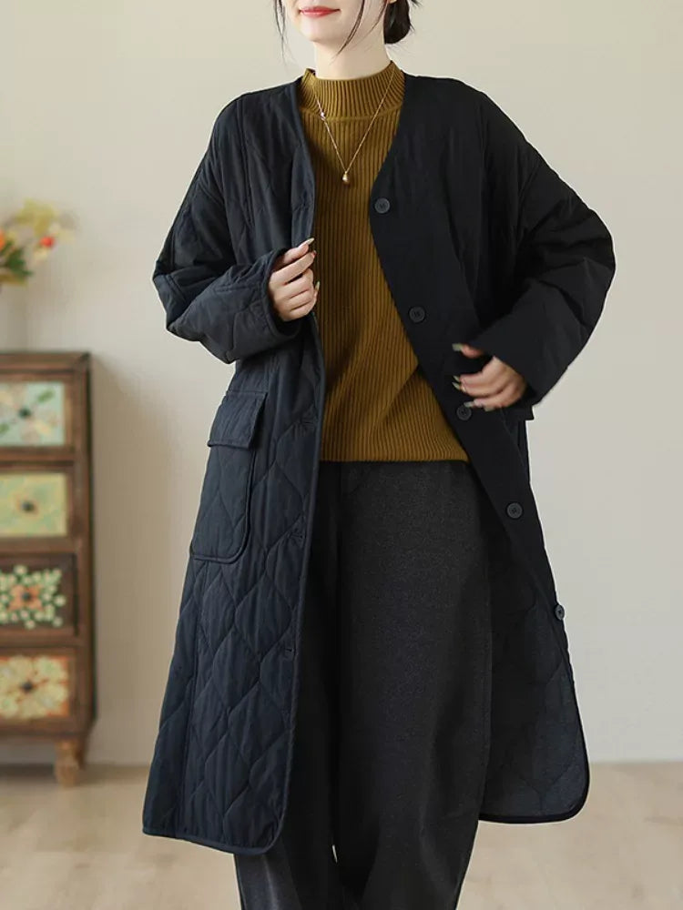 Diamond Quilted V-Neck Padded Coat with Patch Pockets