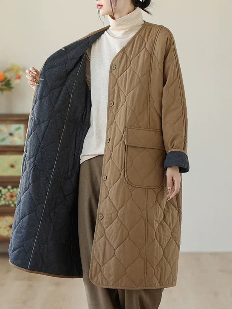Diamond Quilted V-Neck Padded Coat with Patch Pockets