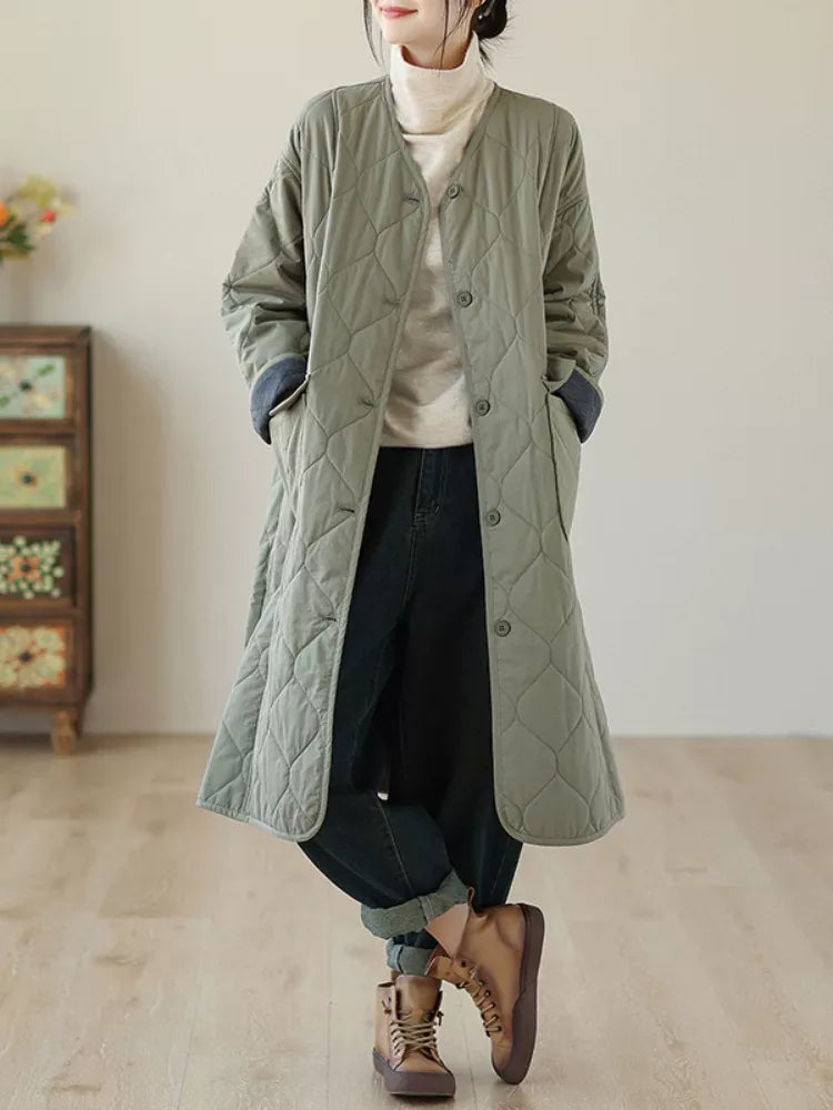 Diamond Quilted V-Neck Padded Coat with Patch Pockets