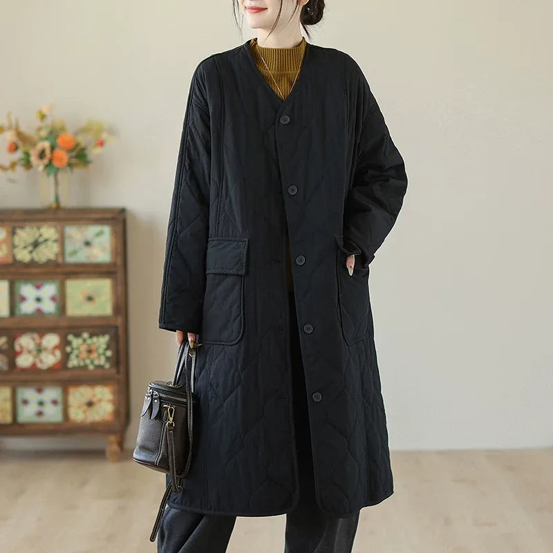 Diamond Quilted V-Neck Padded Coat with Patch Pockets - Black