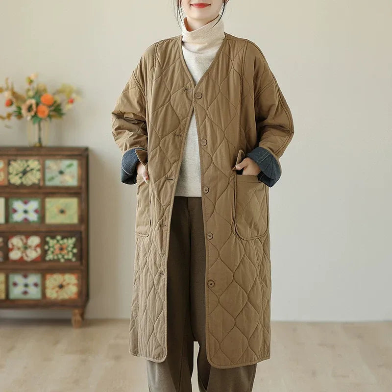 Diamond Quilted V-Neck Padded Coat with Patch Pockets - Khaki