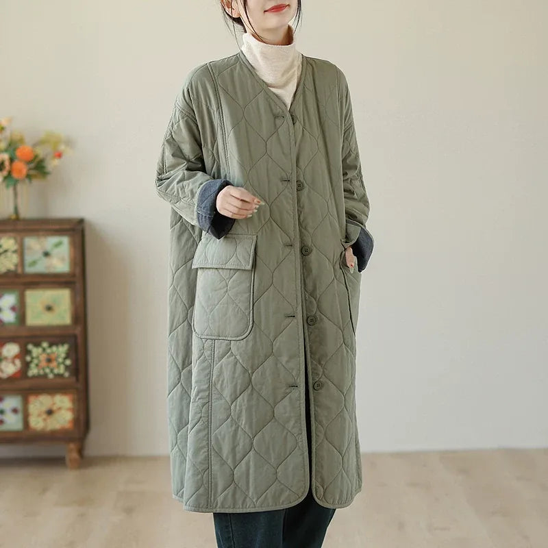Diamond Quilted V-Neck Padded Coat with Patch Pockets - Green
