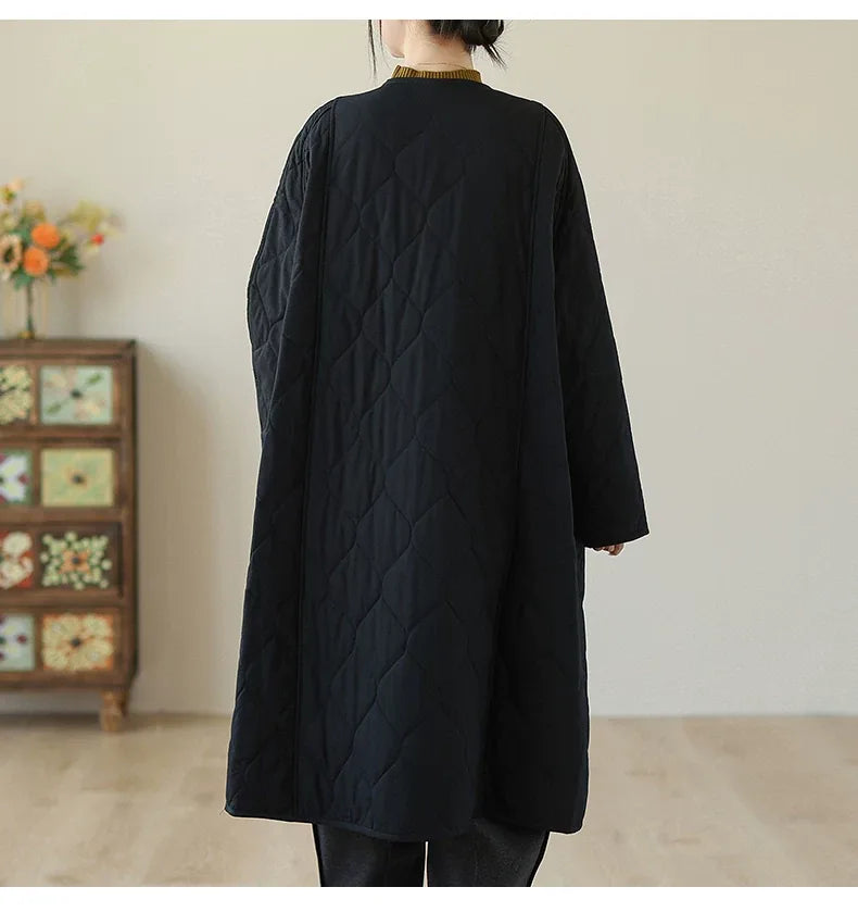 Diamond Quilted V-Neck Padded Coat with Patch Pockets