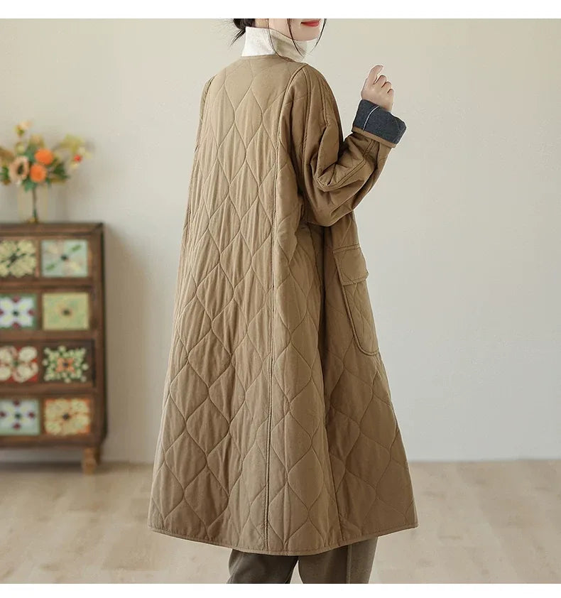 Diamond Quilted V-Neck Padded Coat with Patch Pockets