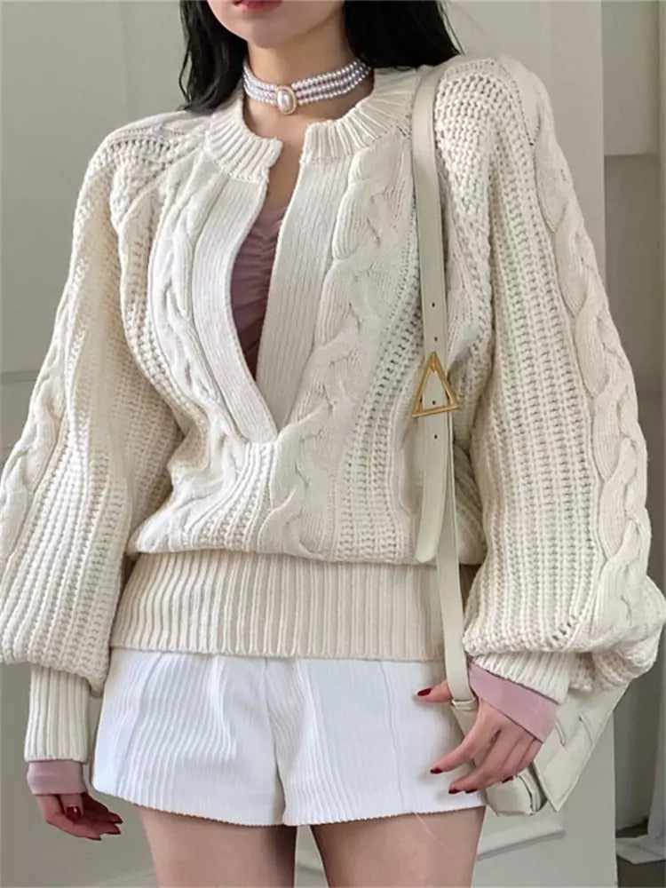 Distinctive Collar Cable Knit Oversized Pullover Sweater