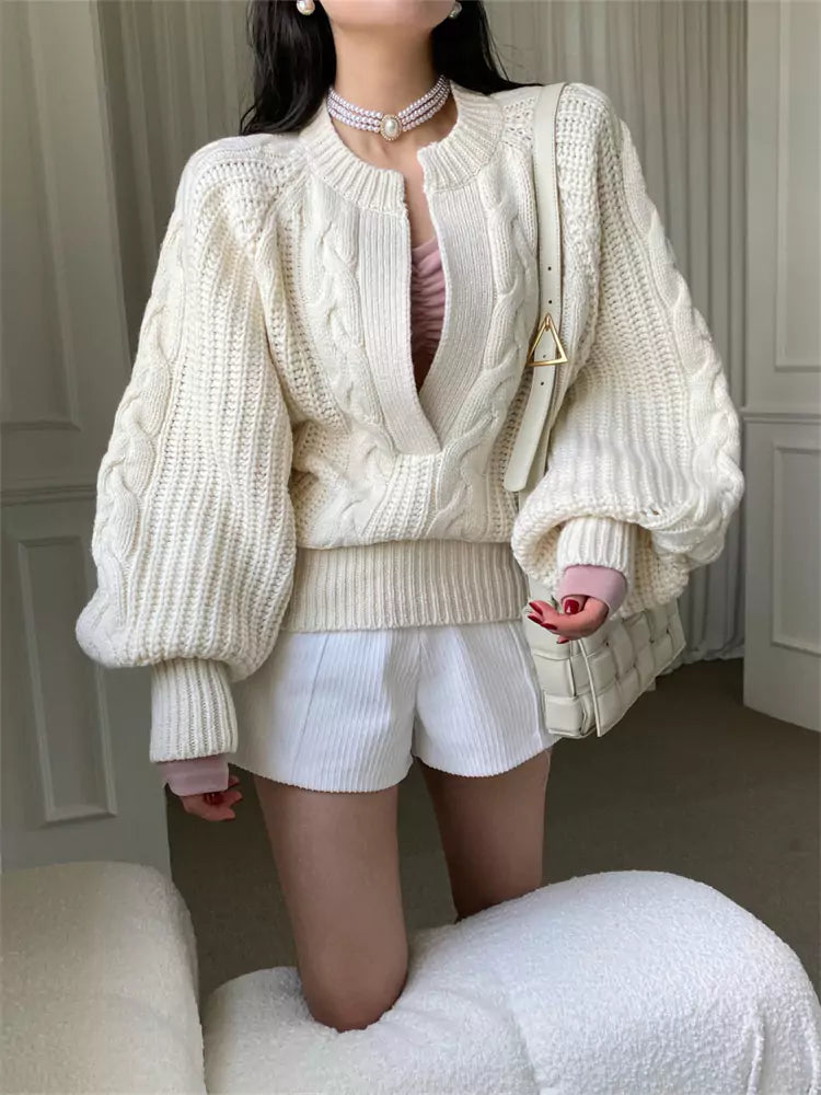 Distinctive Collar Cable Knit Oversized Pullover Sweater