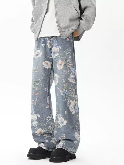 Jeans mit Used-Look und Allover-Print, gerades Bein