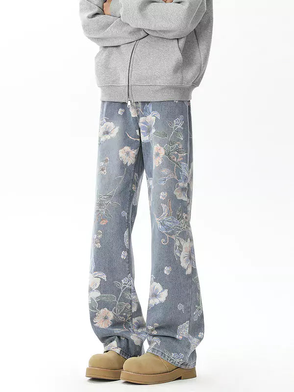 Distressed All-Over Print Straight Leg Jeans