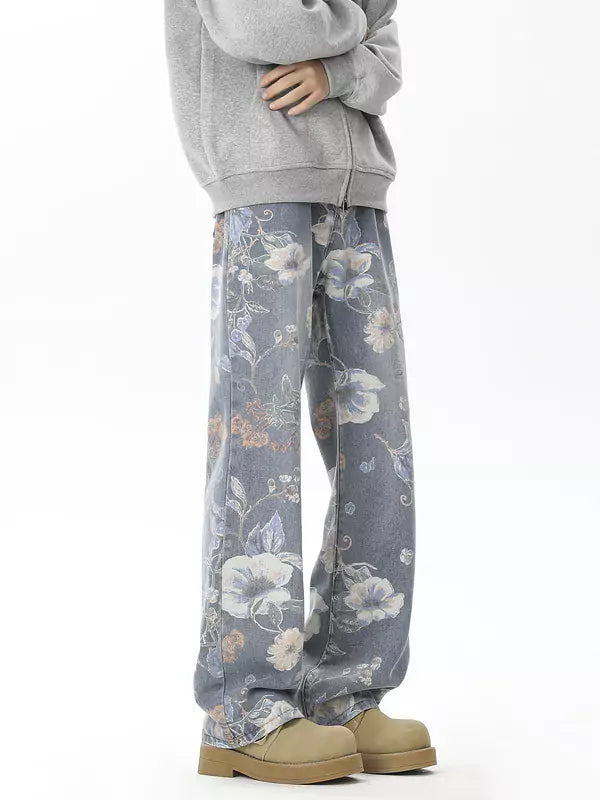 Distressed All-Over Print Straight Leg Jeans