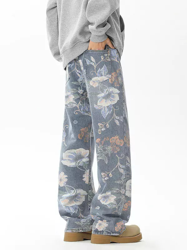 Distressed All-Over Print Straight Leg Jeans