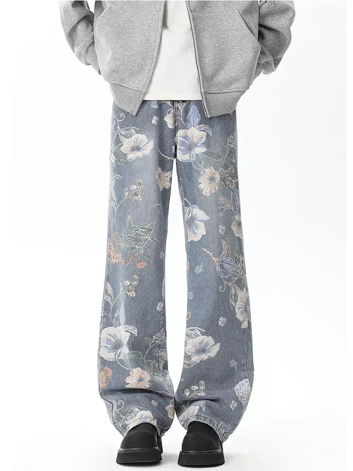 Distressed All-Over Print Straight Leg Jeans