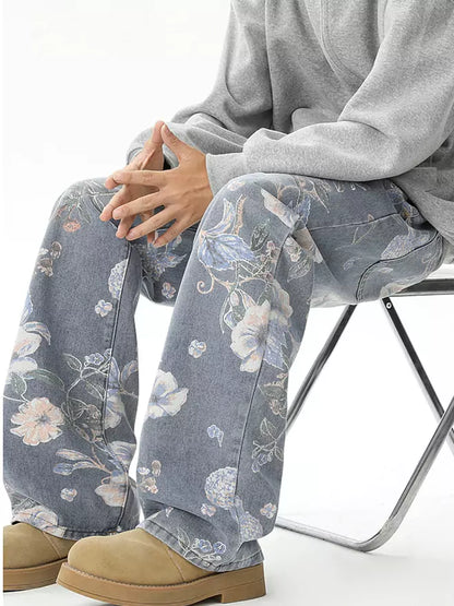 Jeans mit Used-Look und Allover-Print, gerades Bein